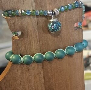 Set Of 2 Handmade Beaded Anklets 1/Strech 1/Adjustable Drawstring